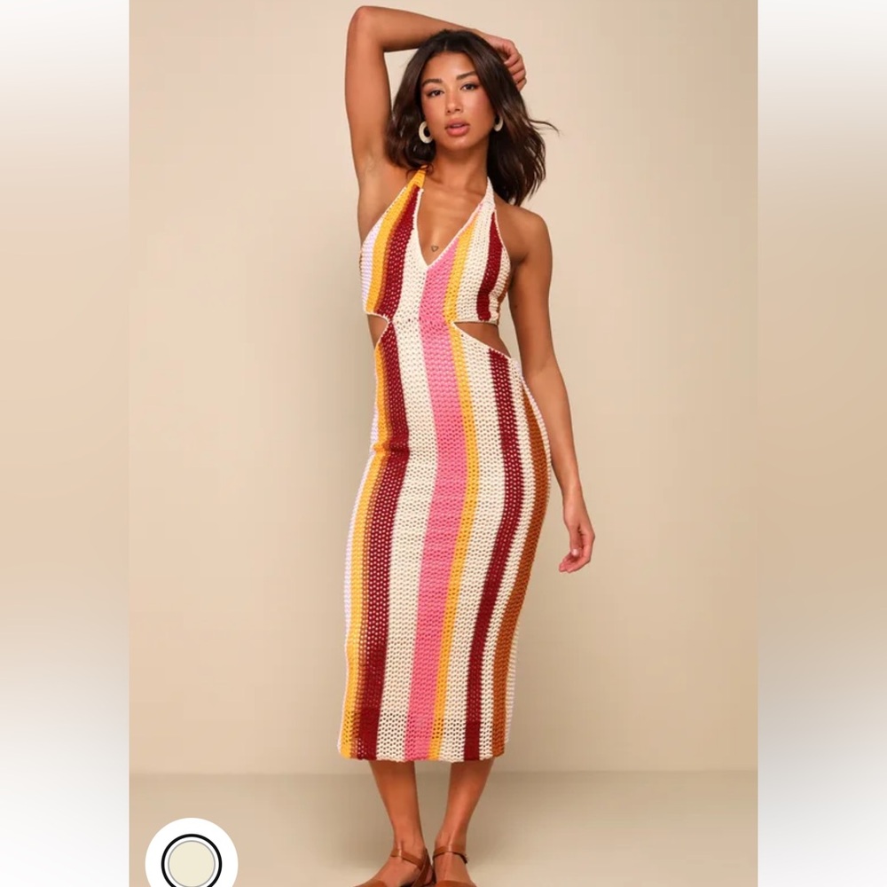 NWT Lulus Sunny Destiny Beige Multi Striped Crochet Halter Dress